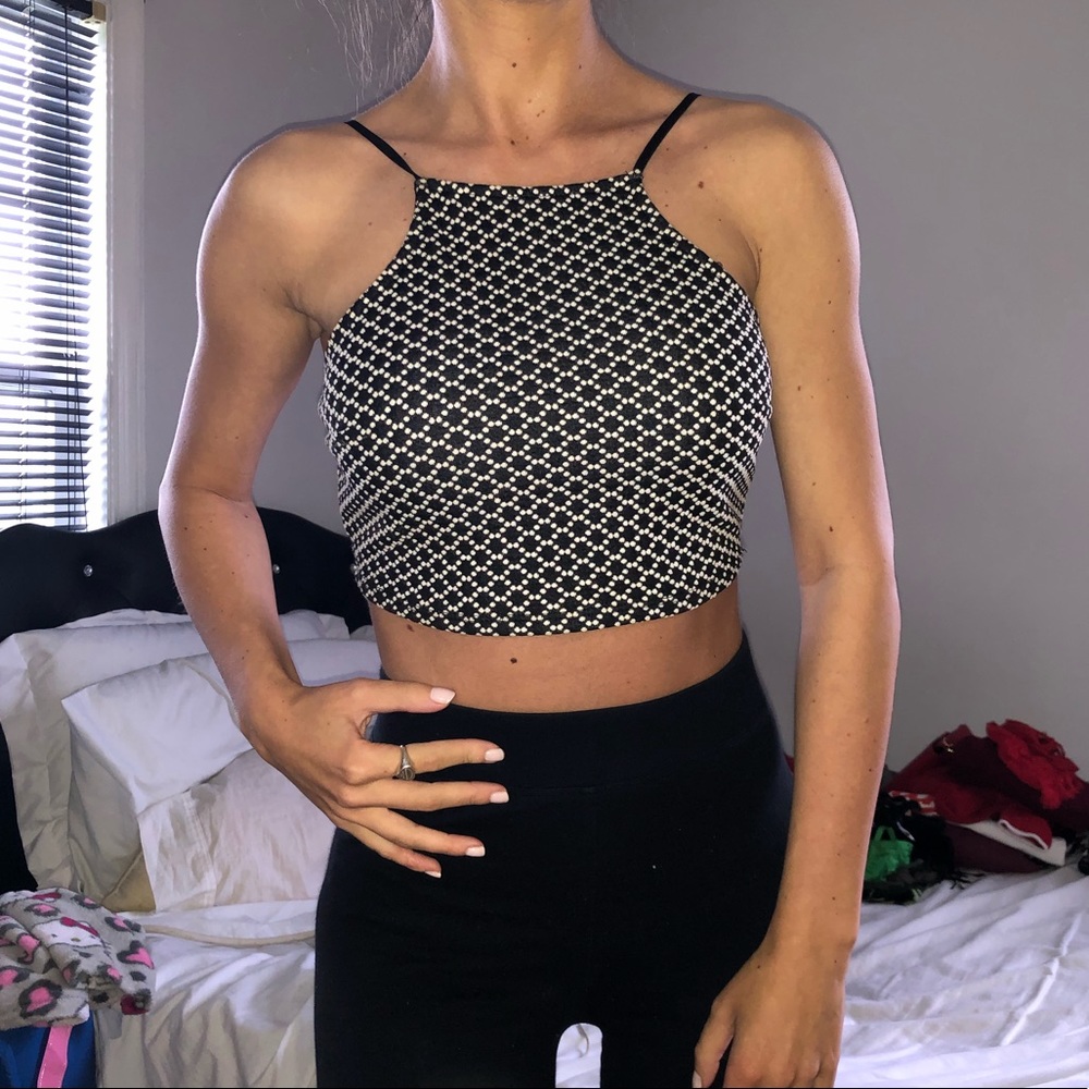 Micro strap adjustable halter b&w dotted crop top